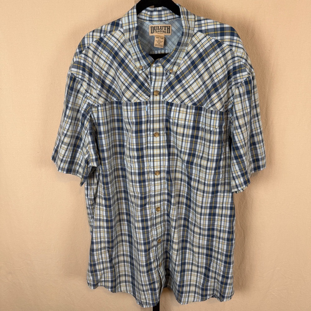 Duluth Trading Co Plaid Short Sleeve Shirt Mens 2XL Tall Blue Yellow Ventilated